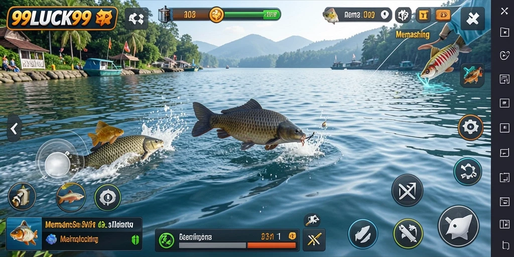Antarmuka game memancing 99LUCK99 menampilkan aksi menangkap ikan.